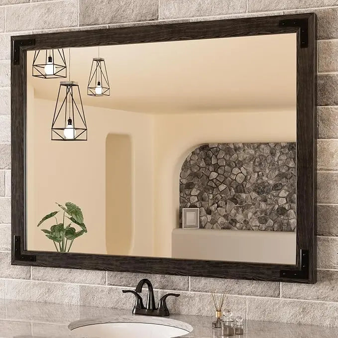 Wood Frame Bathroom Vanity Mirror for Wall – Rustic Farmhouse Style Vanity Mirror, Solid Wooden Frame for Over Sink Use, Mount Horizontally or Vertically – Modern Home Bathroom Decor