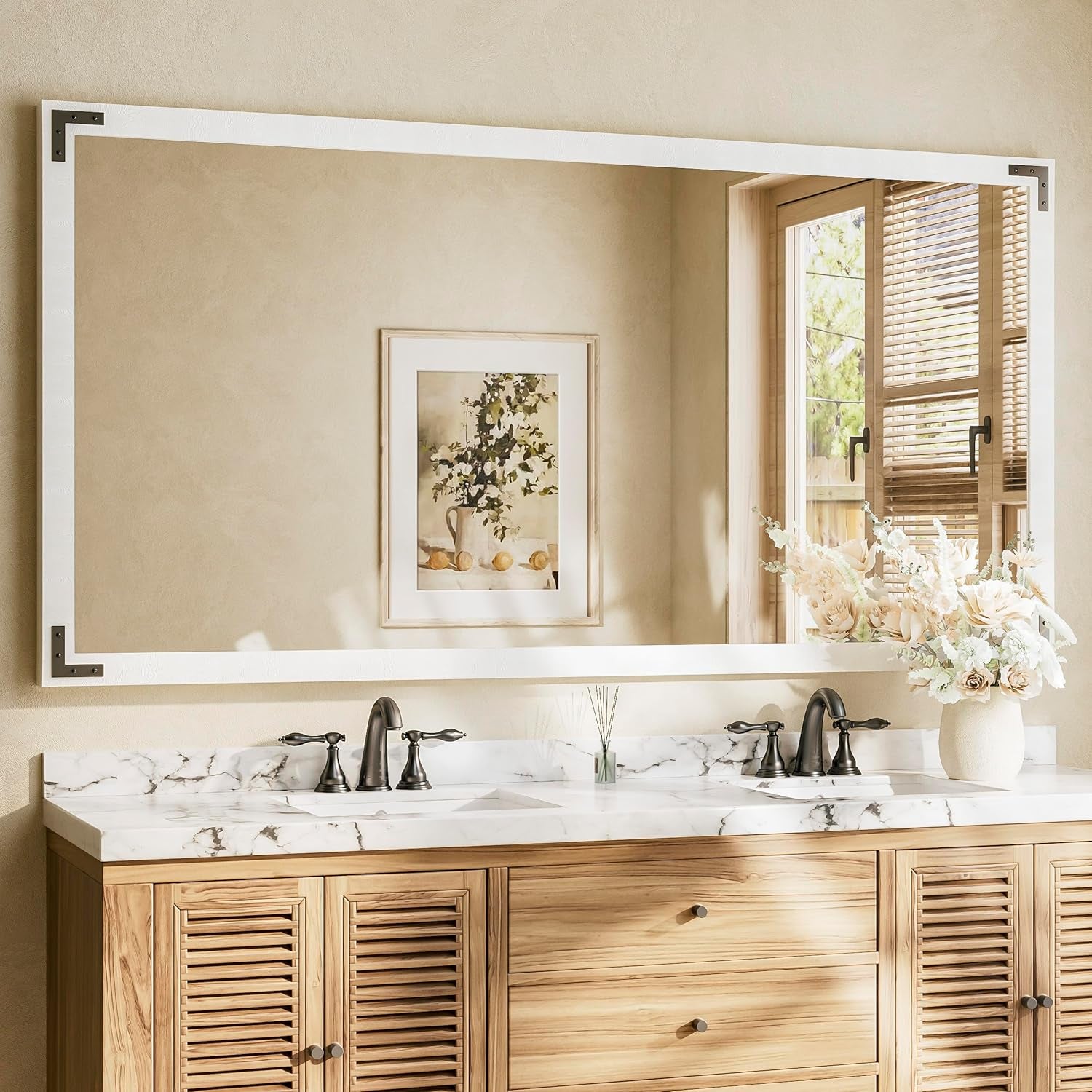 Wood Frame Bathroom Vanity Mirror for Wall – Rustic Farmhouse Style Vanity Mirror, Solid Wooden Frame for Over Sink Use, Mount Horizontally or Vertically – Modern Home Bathroom Decor