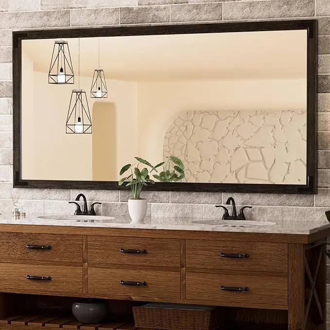 Wood Frame Bathroom Vanity Mirror for Wall – Rustic Farmhouse Style Vanity Mirror, Solid Wooden Frame for Over Sink Use, Mount Horizontally or Vertically – Modern Home Bathroom Decor