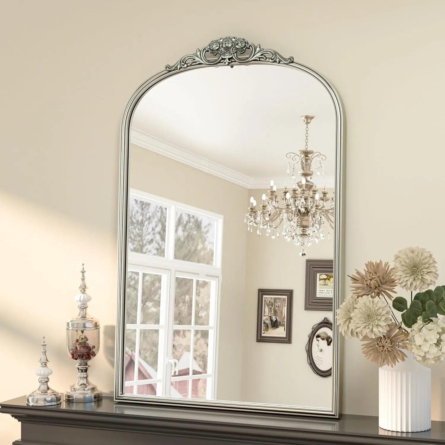 Vintage Arched Mirror – Ornate Baroque Decorative Wall Mirror for Bathroom, Mantle, Entryway, or Living Room, Antique Brass Finish with French Cleat Mounting for Easy Installation