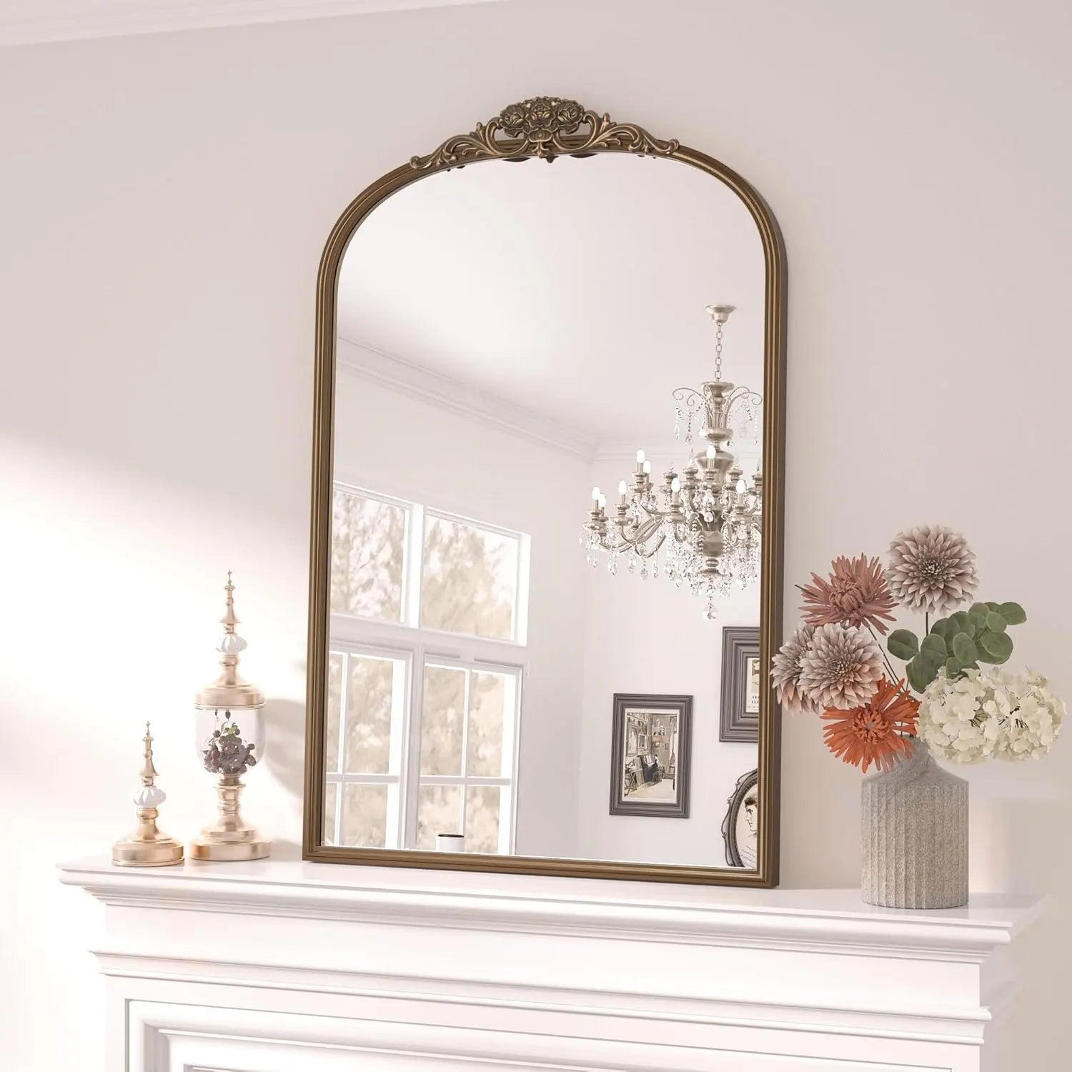 Vintage Arched Mirror – Ornate Baroque Decorative Wall Mirror for Bathroom, Mantle, Entryway, or Living Room, Antique Brass Finish with French Cleat Mounting for Easy Installation