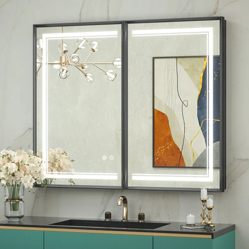 Recessed Medicine Cabinet Mirror with Lights Tempered, 3-Color Stepless Dimmable Led Mirrored Medicine Cabinet Defog and Electrical Outlets, Modern Mirror with Storage
