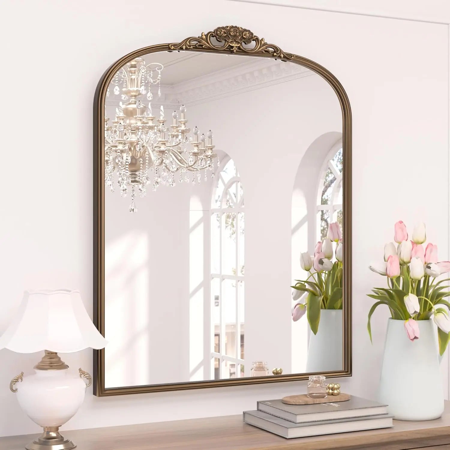 Vintage Arched Mirror – Ornate Baroque Decorative Wall Mirror for Bathroom, Mantle, Entryway, or Living Room, Antique Brass Finish with French Cleat Mounting for Easy Installation