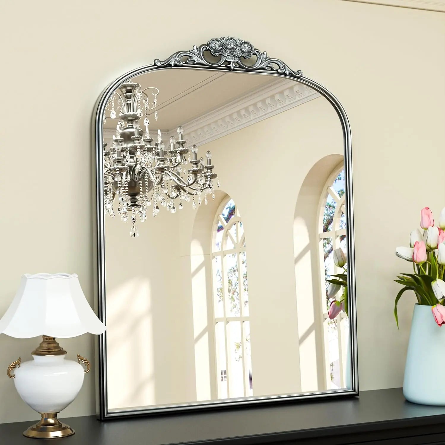 Vintage Arched Mirror – Ornate Baroque Decorative Wall Mirror for Bathroom, Mantle, Entryway, or Living Room, Antique Brass Finish with French Cleat Mounting for Easy Installation