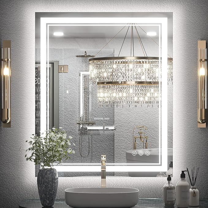 LED Bathroom Vanity Mirror with Lights Frontlit and Backlit Vanity Mirror Anti-Fog Wall Mounted Lighted Bathroom Mirror Dimmable Makeup Mirror with Memory Function(Horizontal&amp;Vertical)