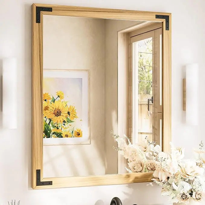 Wood Frame Bathroom Vanity Mirror for Wall – Rustic Farmhouse Style Vanity Mirror, Solid Wooden Frame for Over Sink Use, Mount Horizontally or Vertically – Modern Home Bathroom Decor