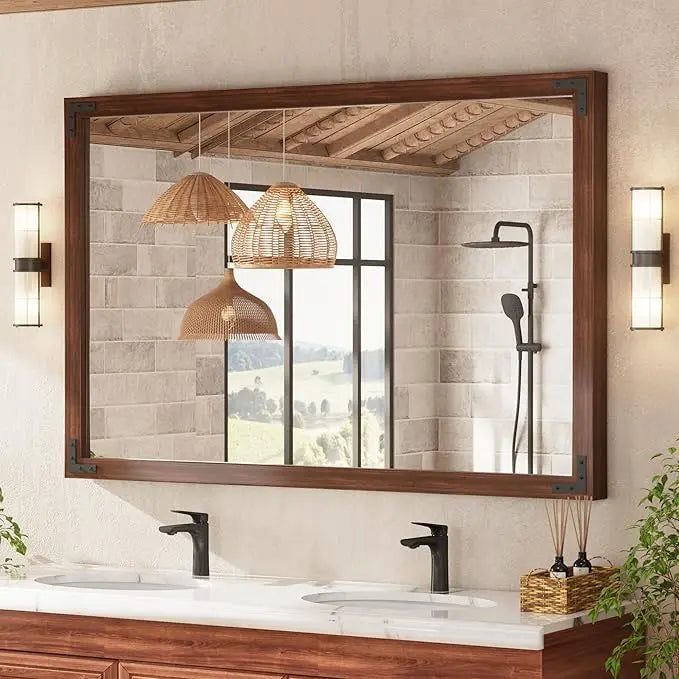 Wood Frame Bathroom Vanity Mirror for Wall – Rustic Farmhouse Style Vanity Mirror, Solid Wooden Frame for Over Sink Use, Mount Horizontally or Vertically – Modern Home Bathroom Decor