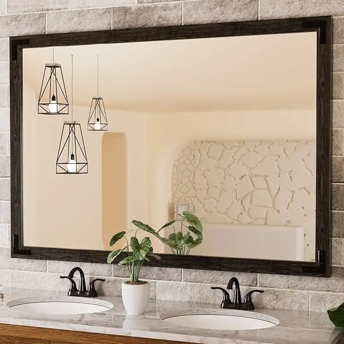 Wood Frame Bathroom Vanity Mirror for Wall – Rustic Farmhouse Style Vanity Mirror, Solid Wooden Frame for Over Sink Use, Mount Horizontally or Vertically – Modern Home Bathroom Decor