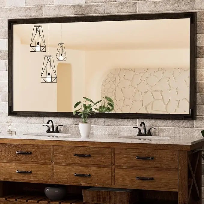 Wood Frame Bathroom Vanity Mirror for Wall – Rustic Farmhouse Style Vanity Mirror, Solid Wooden Frame for Over Sink Use, Mount Horizontally or Vertically – Modern Home Bathroom Decor