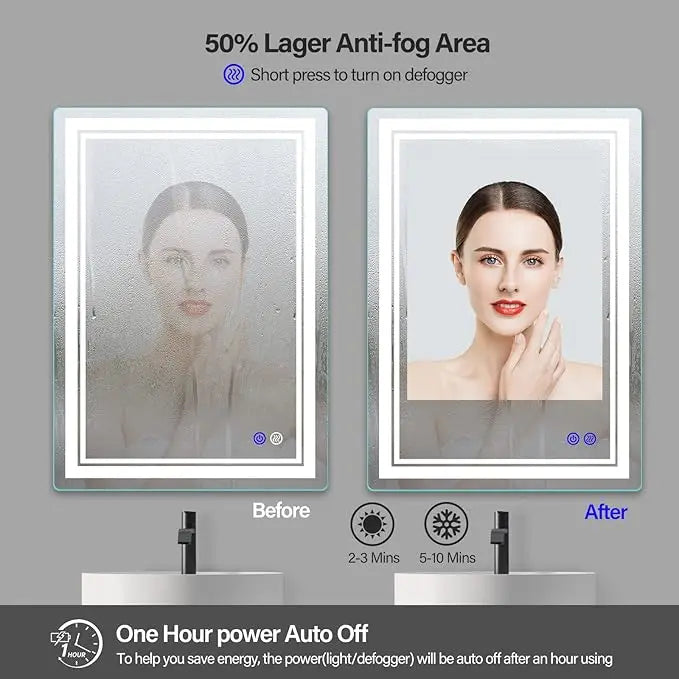 Rectangular Frameless LED Bathroom Vanity Mirror – Wall Mounted, Anti-Fog, Dimmable Bright Light with 3 Color Modes, Modern Lighted Mirror for Stylish and Functional Bathroom Decor