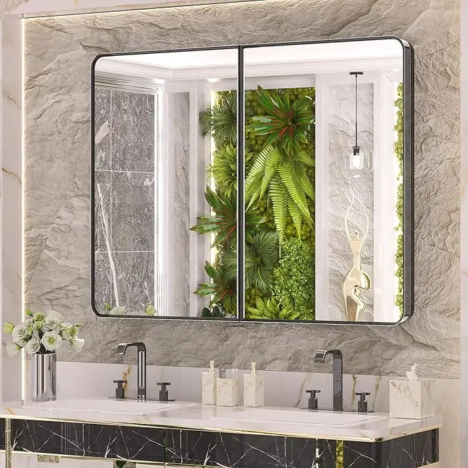 Bathroom Vanity Medicine Cabinet with Mirror – Brushed Brass Finish, Stainless Steel Frame, Rounded Rectangular Shape, Adjustable Shelves, Recessed or Surface Mount Installation