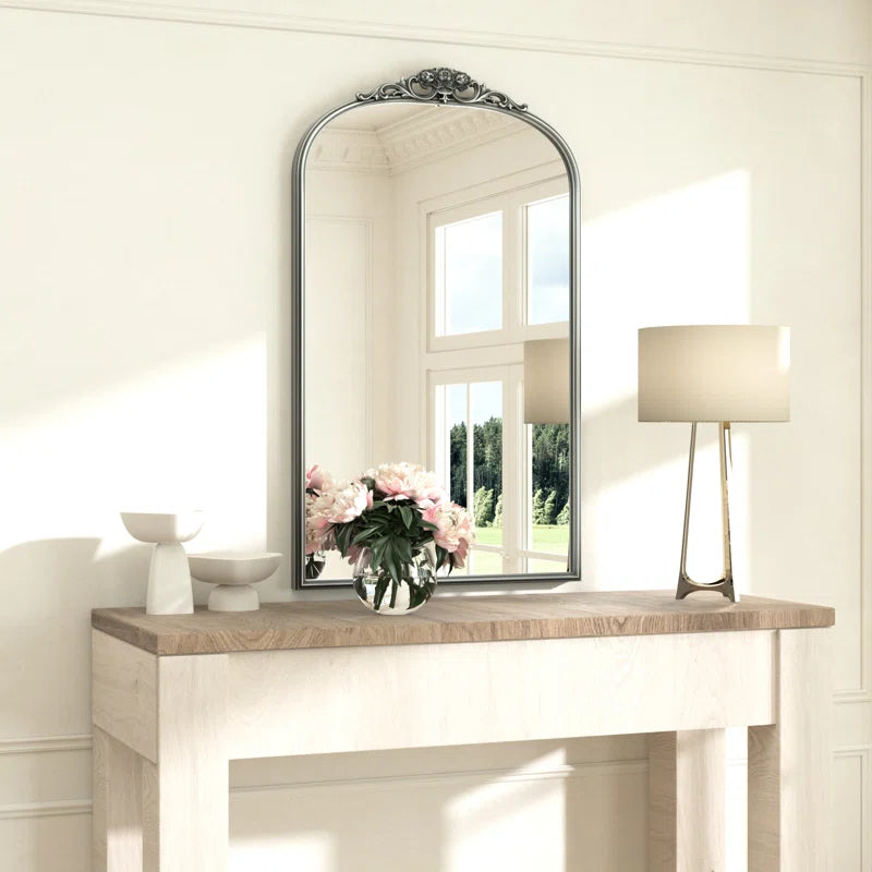 Vintage Arched Mirror – Ornate Baroque Decorative Wall Mirror for Bathroom, Mantle, Entryway, or Living Room, Antique Brass Finish with French Cleat Mounting for Easy Installation