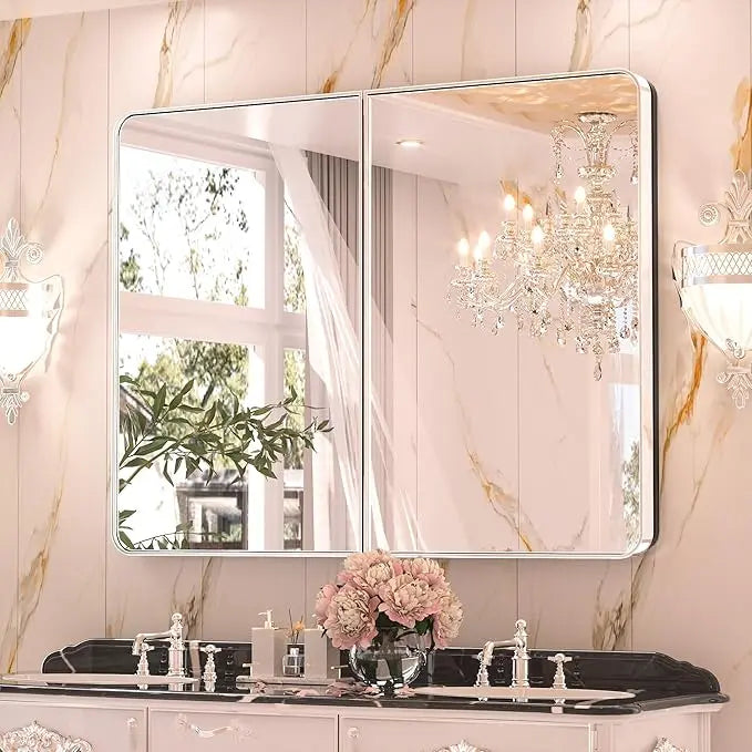 Bathroom Vanity Medicine Cabinet with Mirror – Brushed Brass Finish, Stainless Steel Frame, Rounded Rectangular Shape, Adjustable Shelves, Recessed or Surface Mount Installation