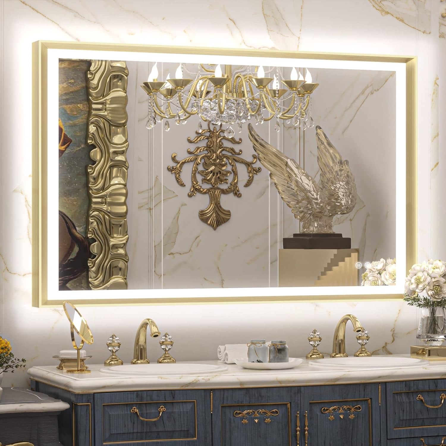 LED Bathroom Vanity Mirror with Frame – Backlit and Front Lighted, Aluminum Rectangle with Beveled Edge, Tricolor Stepless Dimmable, Anti-Fog, Memory Function, Modern Wall Decor