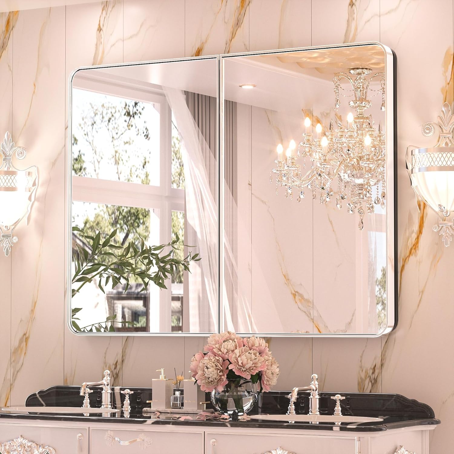 Bathroom Vanity Medicine Cabinet with Mirror – Brushed Brass Finish, Stainless Steel Frame, Rounded Rectangular Shape, Adjustable Shelves, Recessed or Surface Mount Installation