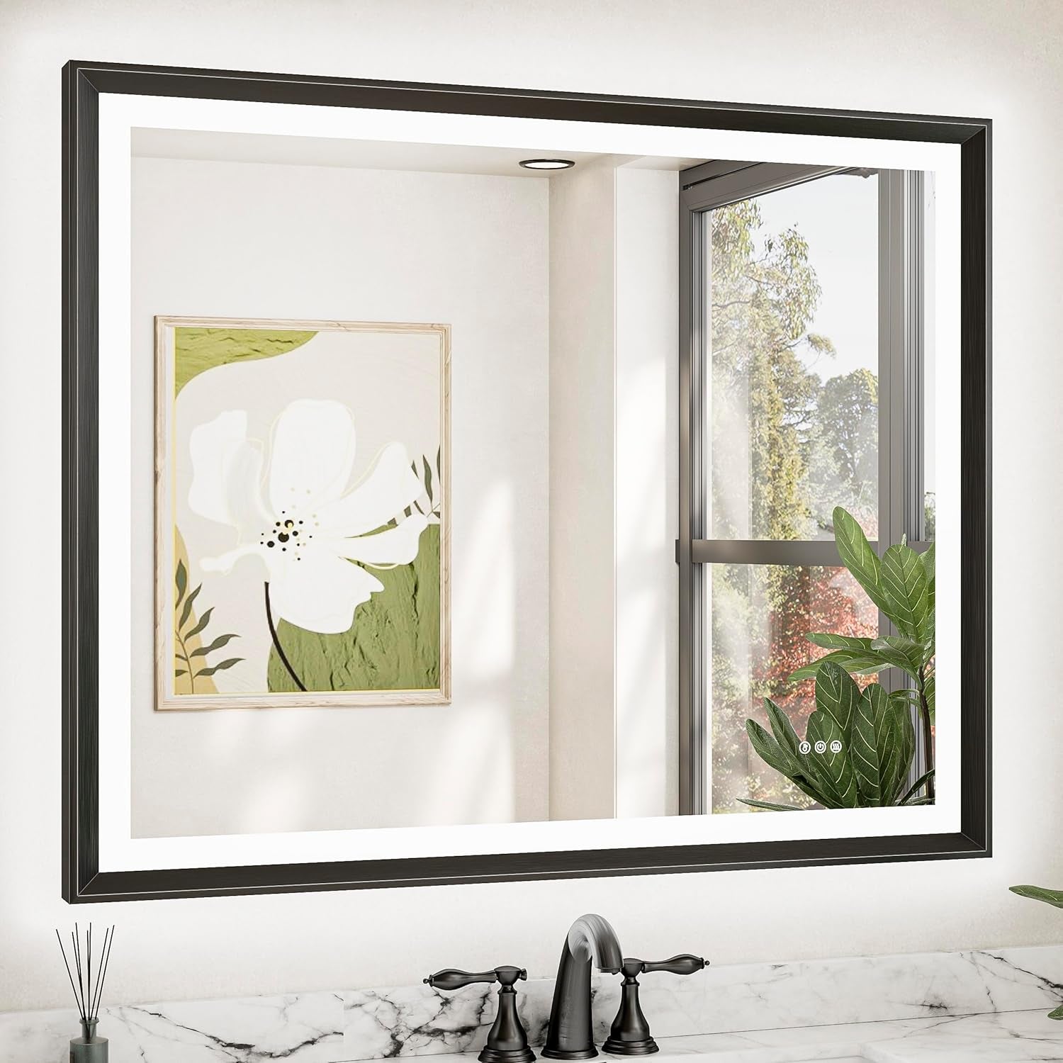 LED Bathroom Vanity Mirror with Frame – Backlit and Front Lighted, Aluminum Rectangle with Beveled Edge, Tricolor Stepless Dimmable, Anti-Fog, Memory Function, Modern Wall Decor