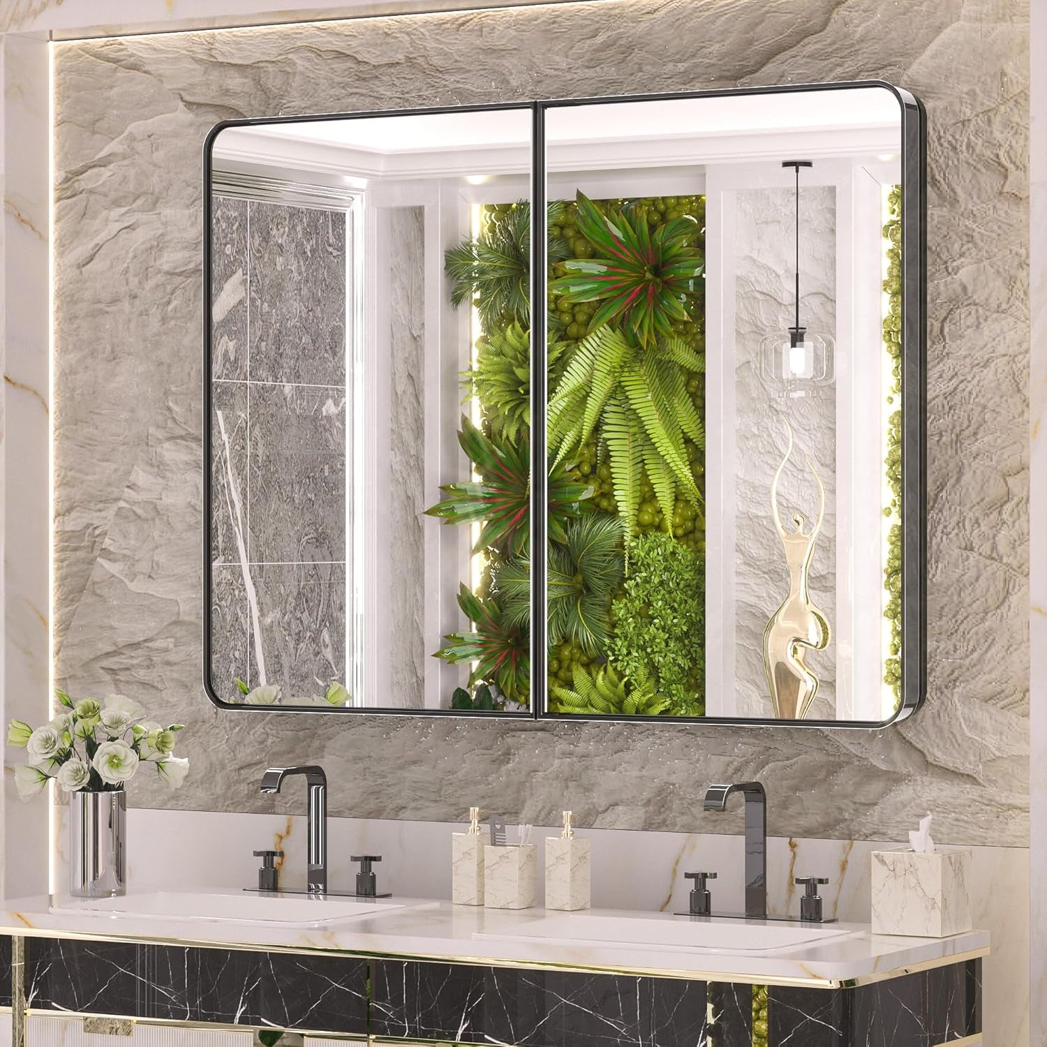 Bathroom Vanity Medicine Cabinet with Mirror – Brushed Brass Finish, Stainless Steel Frame, Rounded Rectangular Shape, Adjustable Shelves, Recessed or Surface Mount Installation