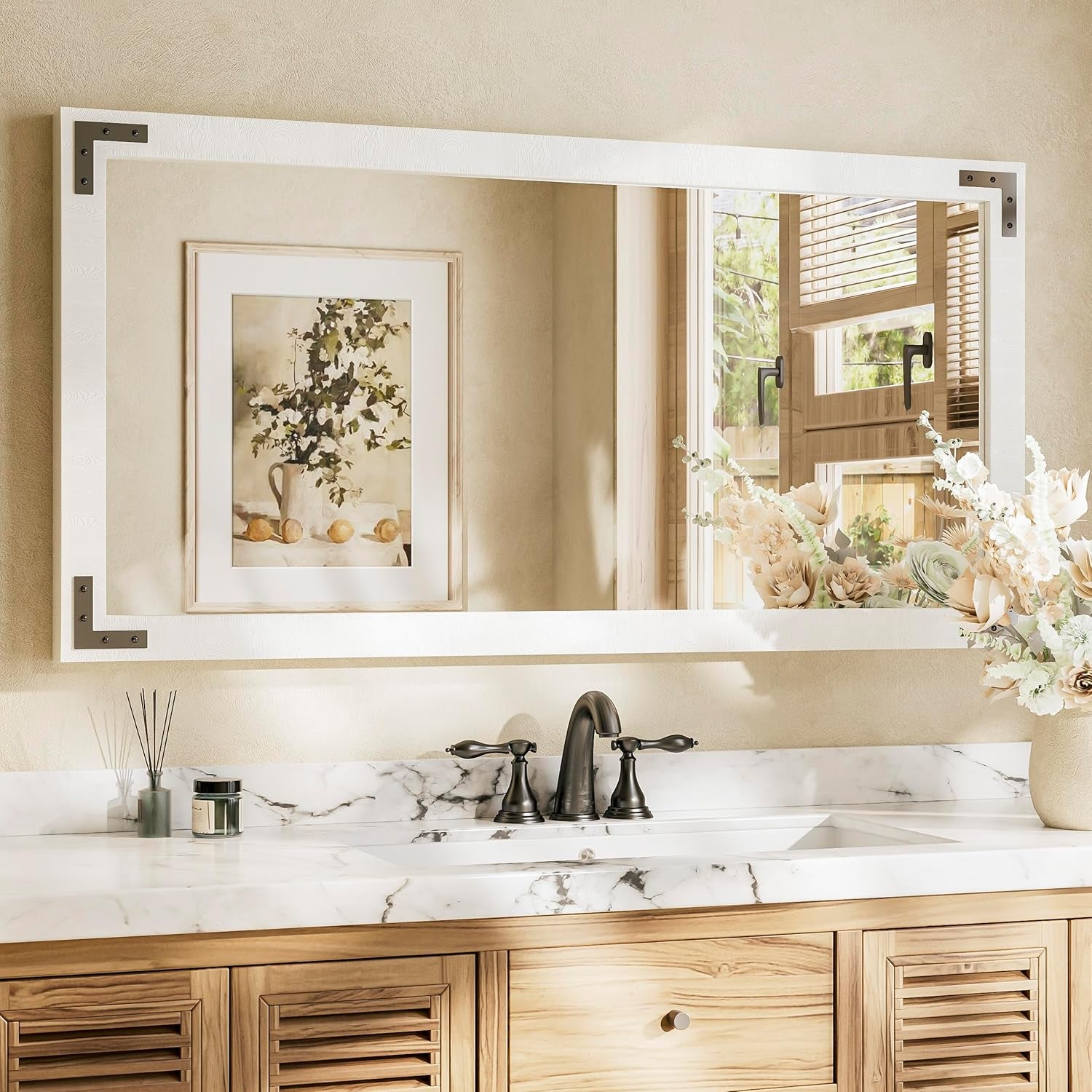 Wood Frame Bathroom Vanity Mirror for Wall – Rustic Farmhouse Style Vanity Mirror, Solid Wooden Frame for Over Sink Use, Mount Horizontally or Vertically – Modern Home Bathroom Decor