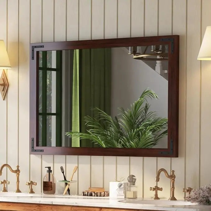 Wood Frame Bathroom Vanity Mirror for Wall – Rustic Farmhouse Style Vanity Mirror, Solid Wooden Frame for Over Sink Use, Mount Horizontally or Vertically – Modern Home Bathroom Decor