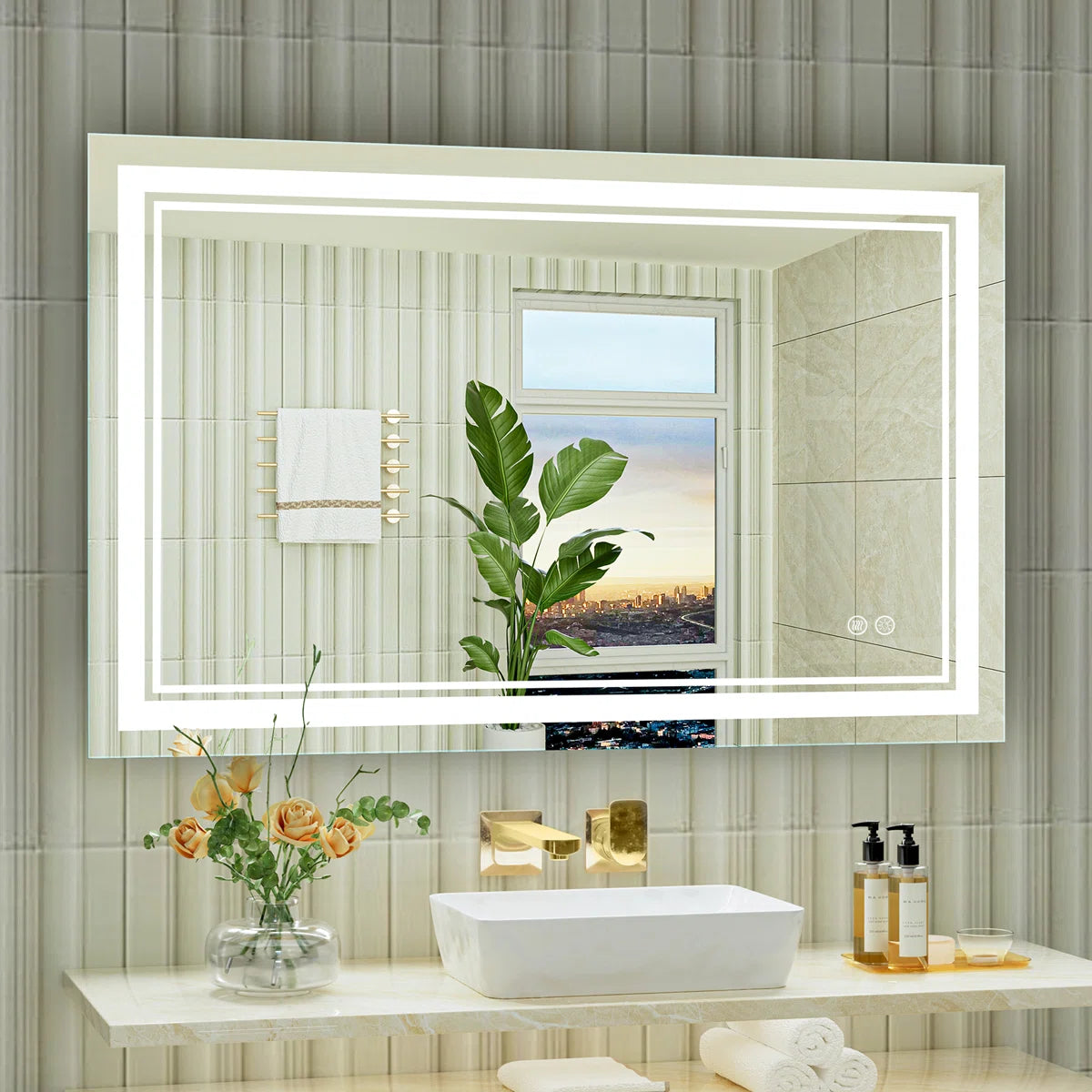 Rectangular Frameless LED Bathroom Vanity Mirror – Wall Mounted, Anti-Fog, Dimmable Bright Light with 3 Color Modes, Modern Lighted Mirror for Stylish and Functional Bathroom Decor