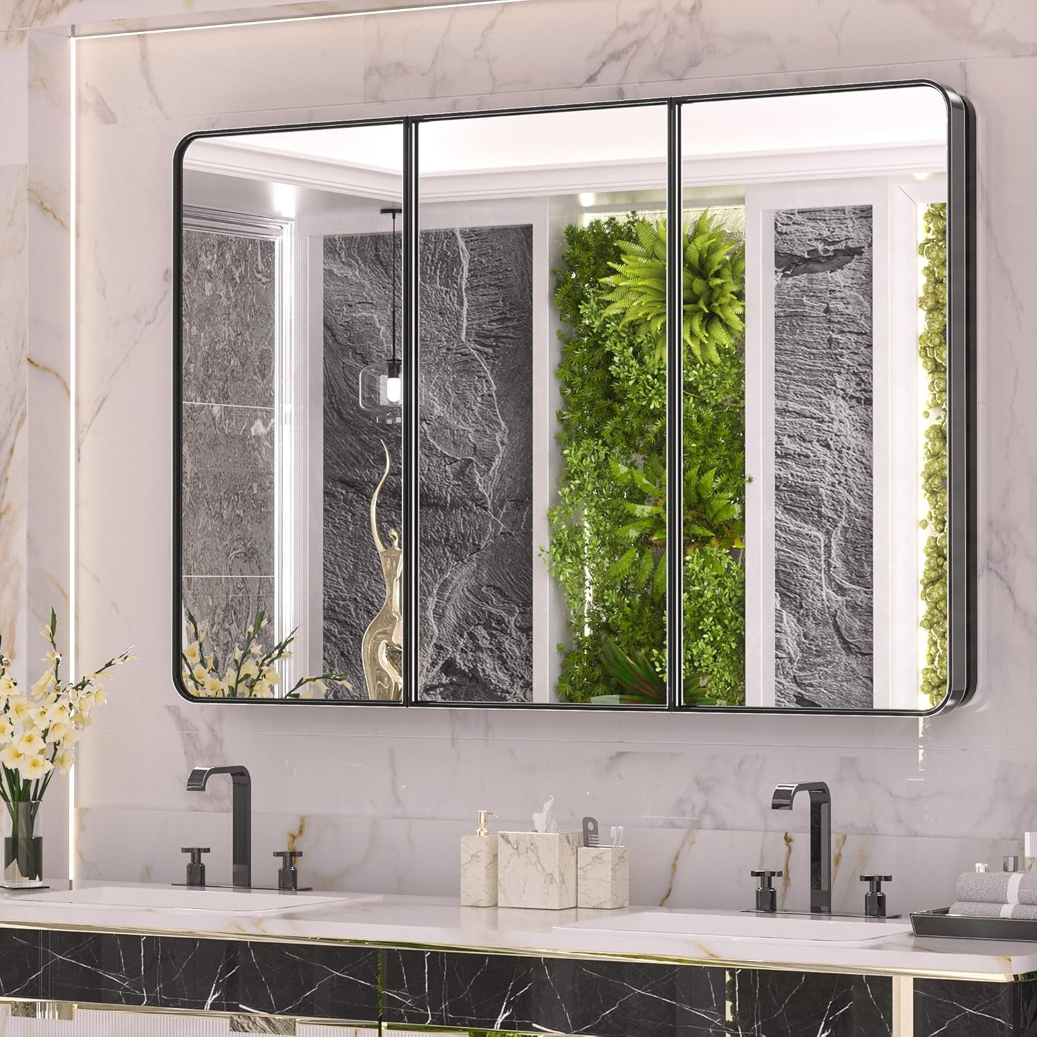 Bathroom Vanity Medicine Cabinet with Mirror – Brushed Brass Finish, Stainless Steel Frame, Rounded Rectangular Shape, Adjustable Shelves, Recessed or Surface Mount Installation