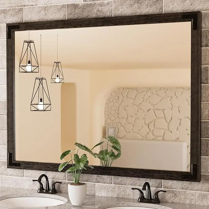 Wood Frame Bathroom Vanity Mirror for Wall – Rustic Farmhouse Style Vanity Mirror, Solid Wooden Frame for Over Sink Use, Mount Horizontally or Vertically – Modern Home Bathroom Decor
