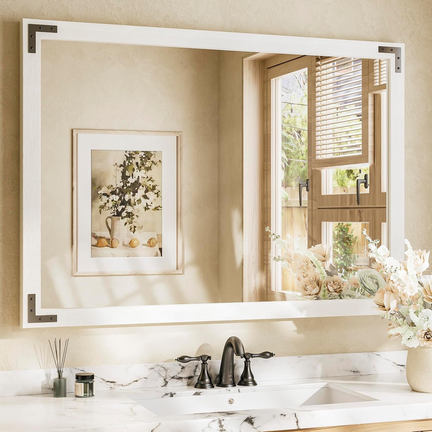 Wood Frame Bathroom Vanity Mirror for Wall – Rustic Farmhouse Style Vanity Mirror, Solid Wooden Frame for Over Sink Use, Mount Horizontally or Vertically – Modern Home Bathroom Decor