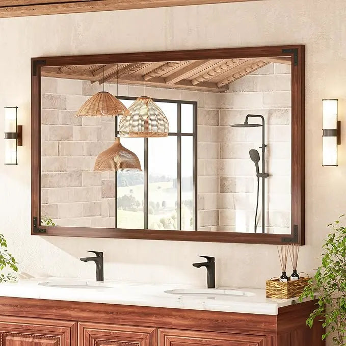 Wood Frame Bathroom Vanity Mirror for Wall – Rustic Farmhouse Style Vanity Mirror, Solid Wooden Frame for Over Sink Use, Mount Horizontally or Vertically – Modern Home Bathroom Decor