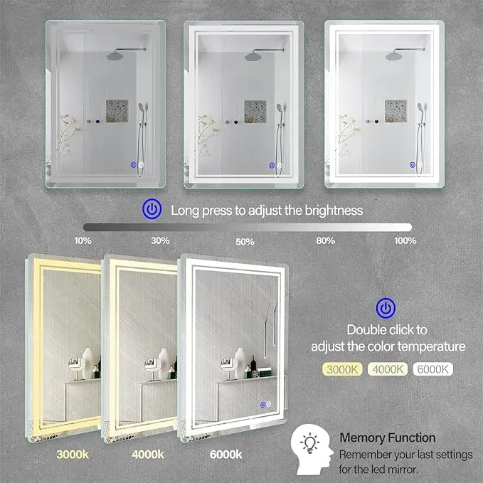 Rectangular Frameless LED Bathroom Vanity Mirror – Wall Mounted, Anti-Fog, Dimmable Bright Light with 3 Color Modes, Modern Lighted Mirror for Stylish and Functional Bathroom Decor