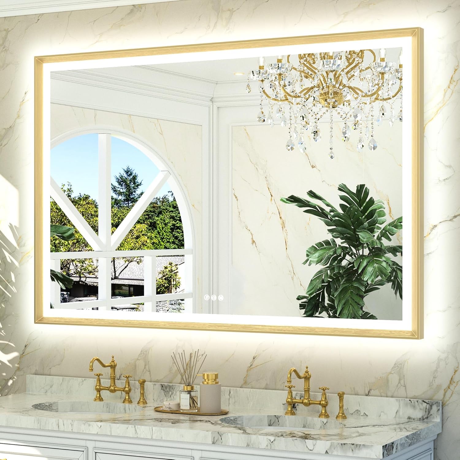 LED Bathroom Vanity Mirror with Frame – Backlit and Front Lighted, Aluminum Rectangle with Beveled Edge, Tricolor Stepless Dimmable, Anti-Fog, Memory Function, Modern Wall Decor