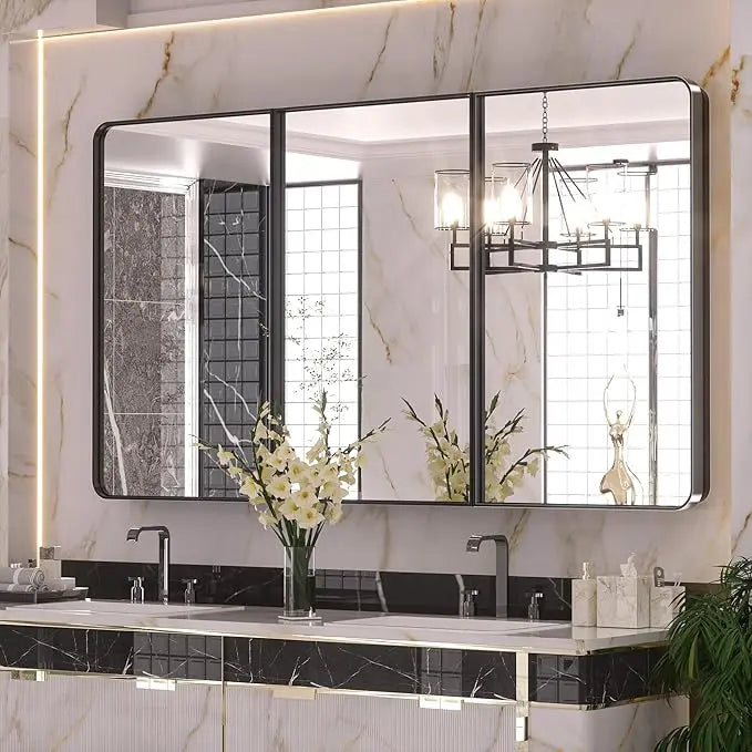 Bathroom Vanity Medicine Cabinet with Mirror – Brushed Brass Finish, Stainless Steel Frame, Rounded Rectangular Shape, Adjustable Shelves, Recessed or Surface Mount Installation
