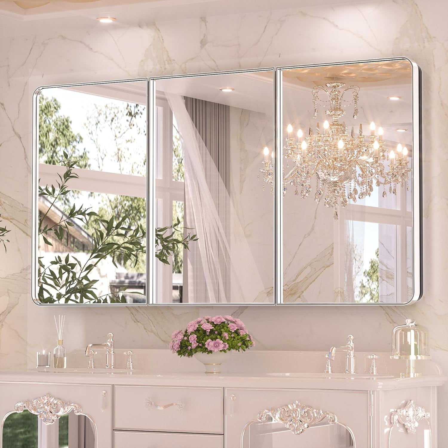 Bathroom Vanity Medicine Cabinet with Mirror – Brushed Brass Finish, Stainless Steel Frame, Rounded Rectangular Shape, Adjustable Shelves, Recessed or Surface Mount Installation