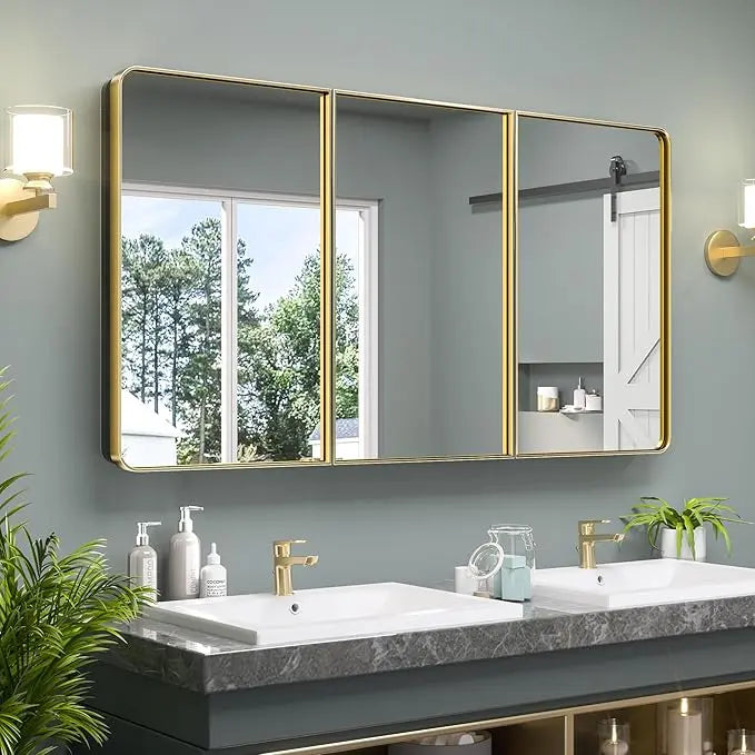 Bathroom Vanity Medicine Cabinet with Mirror – Brushed Brass Finish, Stainless Steel Frame, Rounded Rectangular Shape, Adjustable Shelves, Recessed or Surface Mount Installation