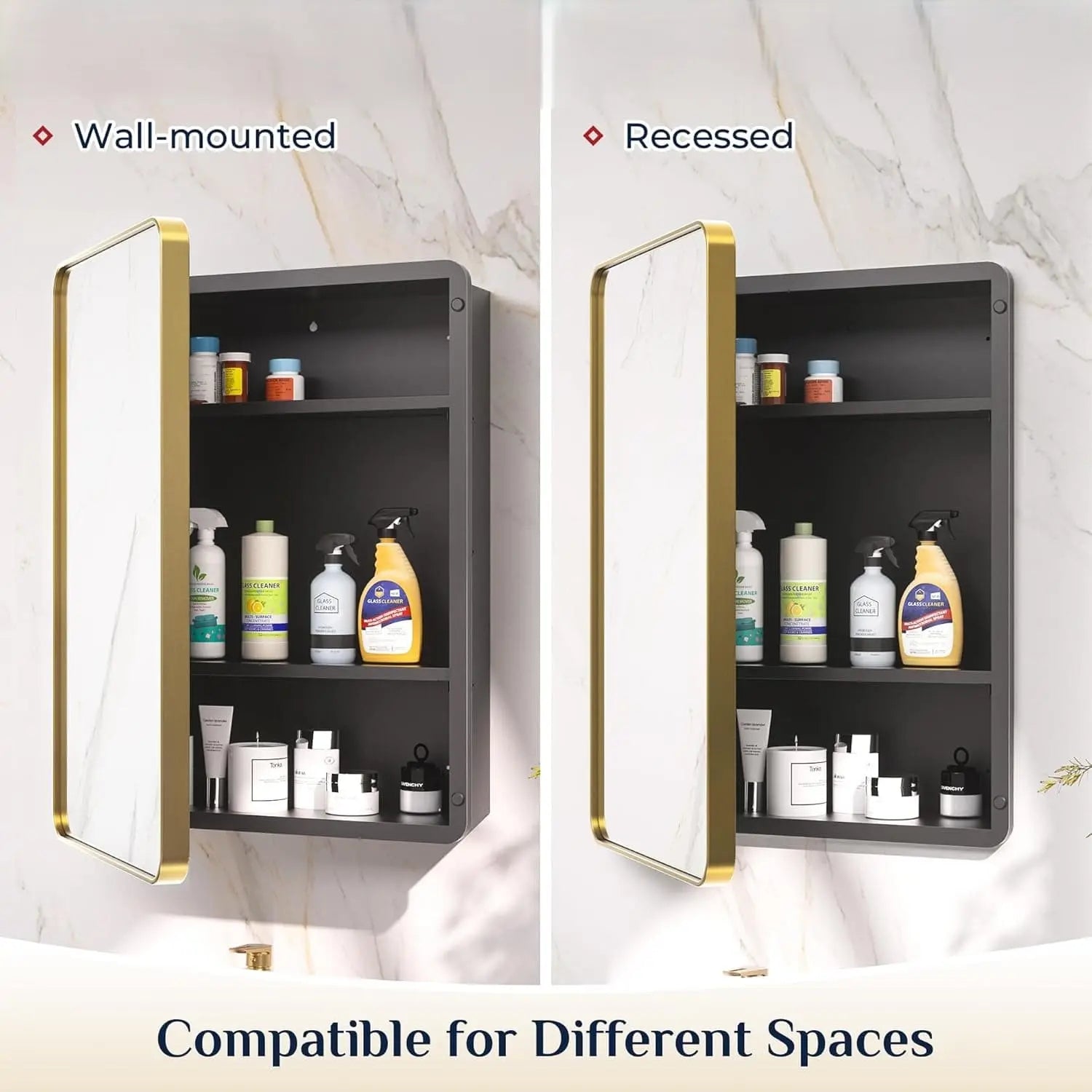 Bathroom Vanity Medicine Cabinet with Mirror – Brushed Brass Finish, Stainless Steel Frame, Rounded Rectangular Shape, Adjustable Shelves, Recessed or Surface Mount Installation