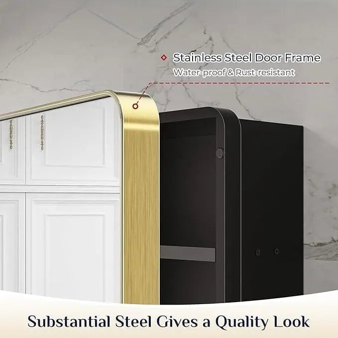 Bathroom Vanity Medicine Cabinet with Mirror – Brushed Brass Finish, Stainless Steel Frame, Rounded Rectangular Shape, Adjustable Shelves, Recessed or Surface Mount Installation