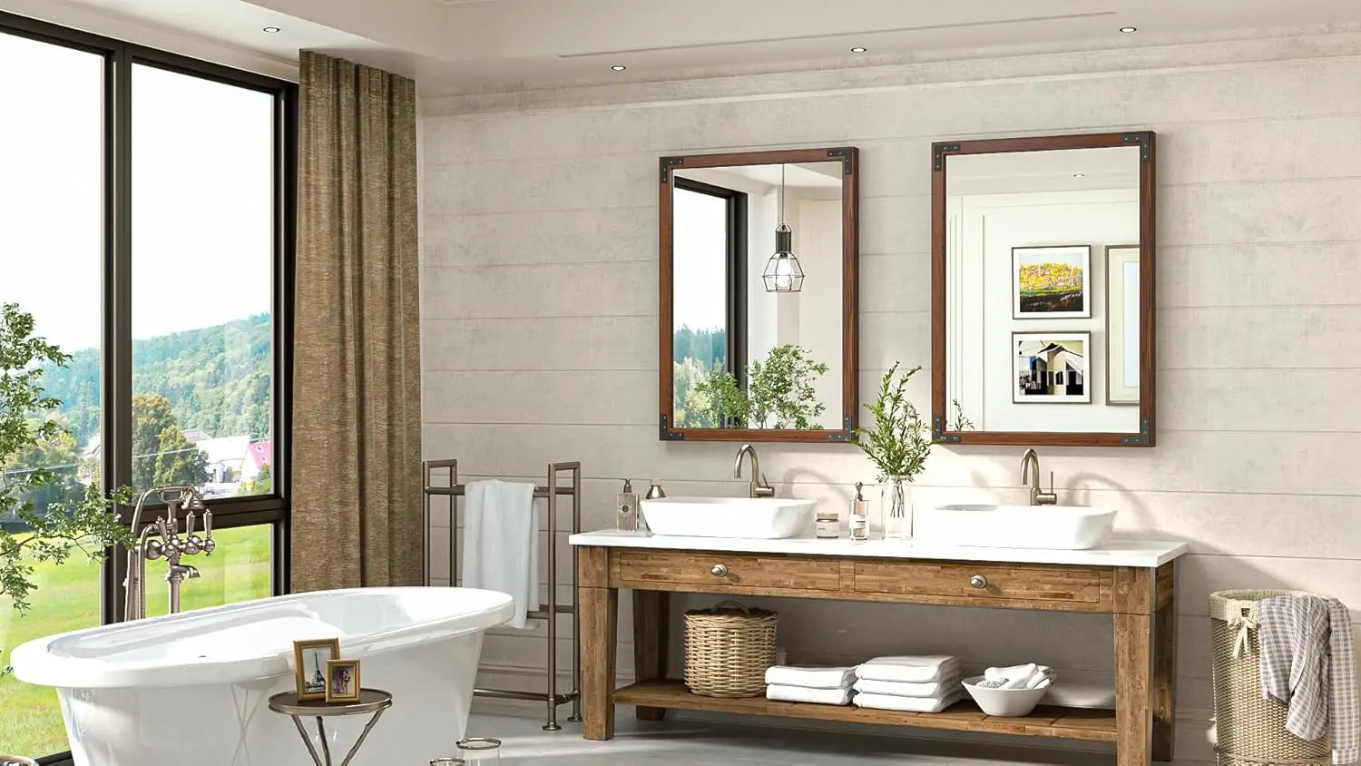 Wood Frame Bathroom Vanity Mirror for Wall – Rustic Farmhouse Style Vanity Mirror, Solid Wooden Frame for Over Sink Use, Mount Horizontally or Vertically – Modern Home Bathroom Decor