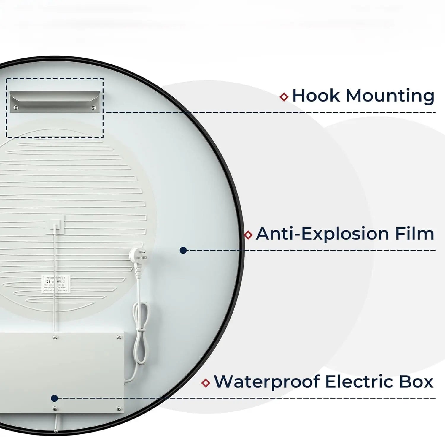 Round LED Mirror for Bathroom, Restroom and Vanity with Lights 3000K/4500K/6000K, Metal Framed Frontlighted Vanity Mirror Wall Mounted, Dimmable Makeup Mirror Touch Switch UL Listed CRI≥90