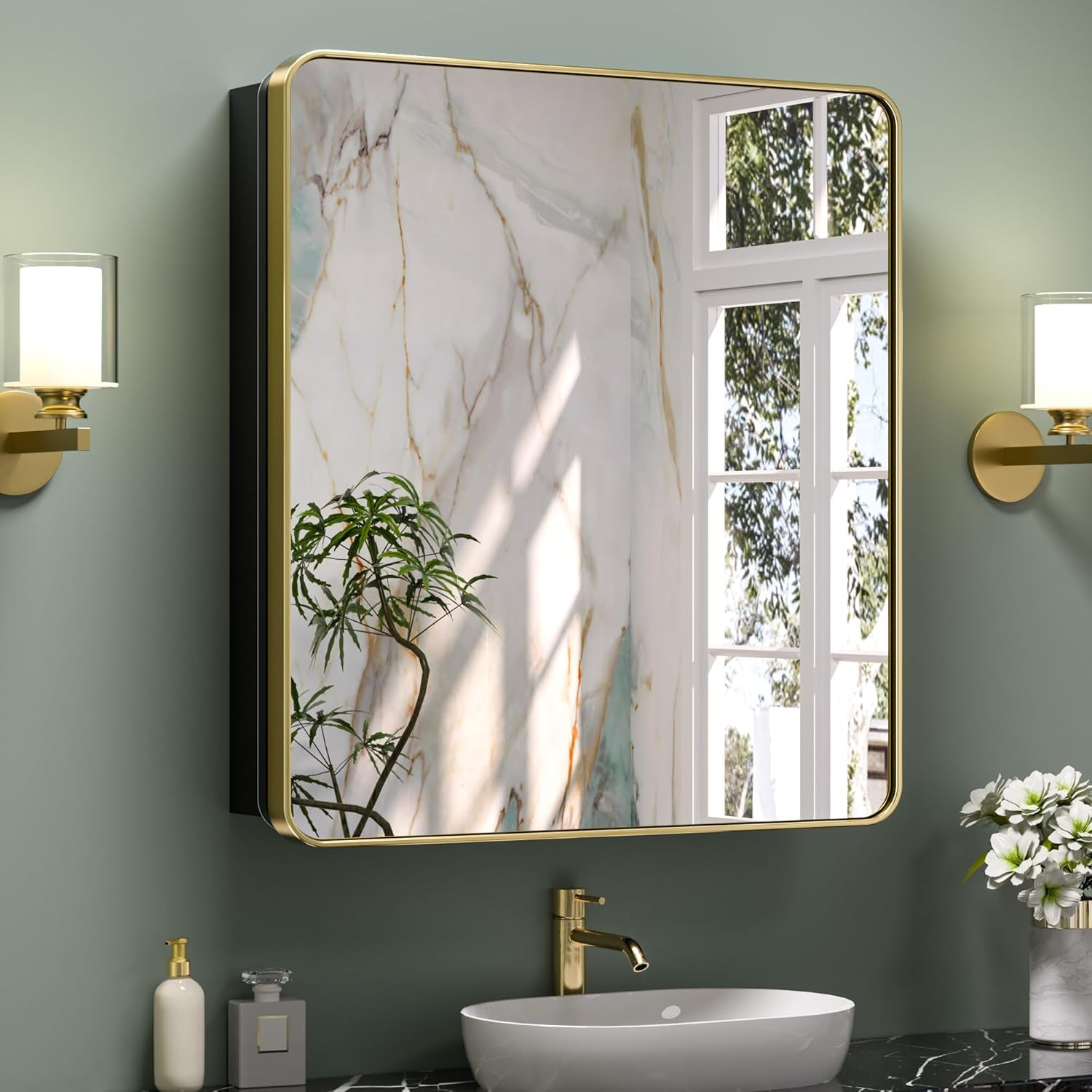 Bathroom Vanity Medicine Cabinet with Mirror – Brushed Brass Finish, Stainless Steel Frame, Rounded Rectangular Shape, Adjustable Shelves, Recessed or Surface Mount Installation
