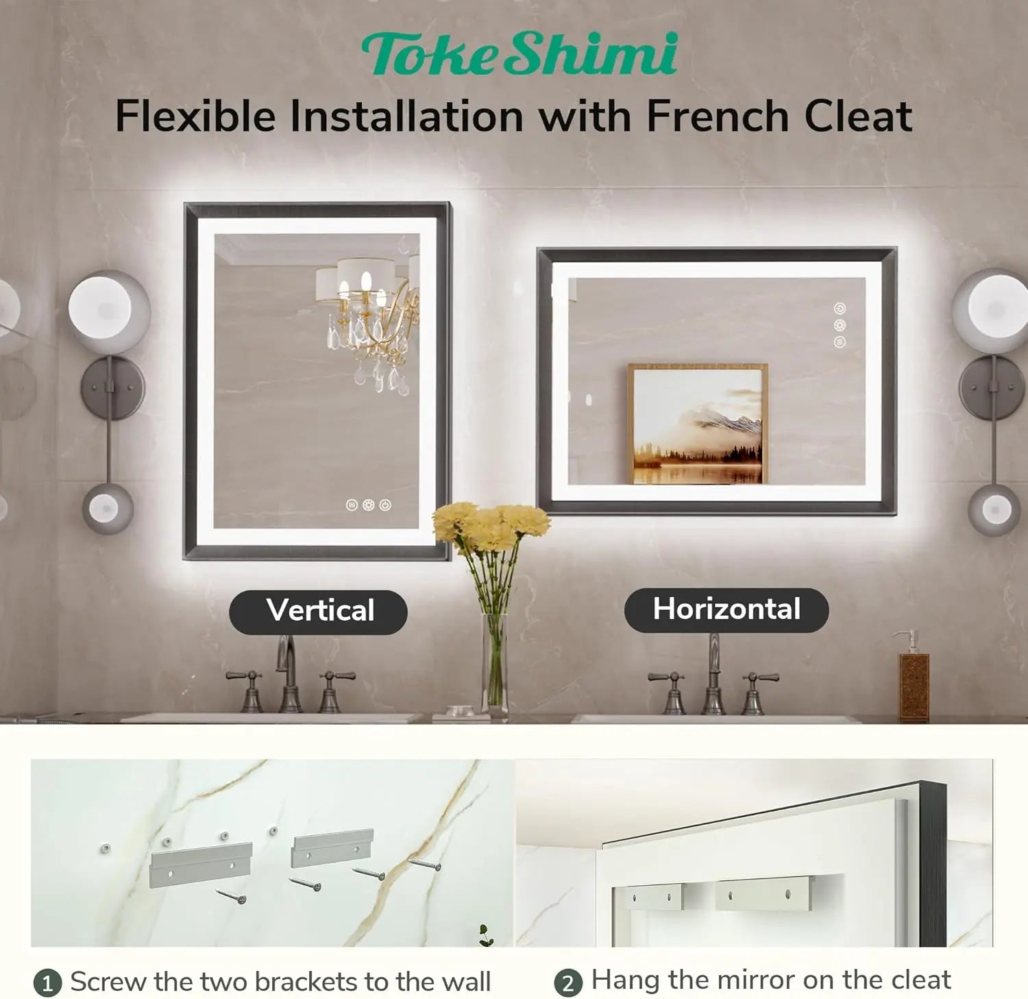 LED Bathroom Vanity Mirror with Frame – Backlit and Front Lighted, Aluminum Rectangle with Beveled Edge, Tricolor Stepless Dimmable, Anti-Fog, Memory Function, Modern Wall Decor