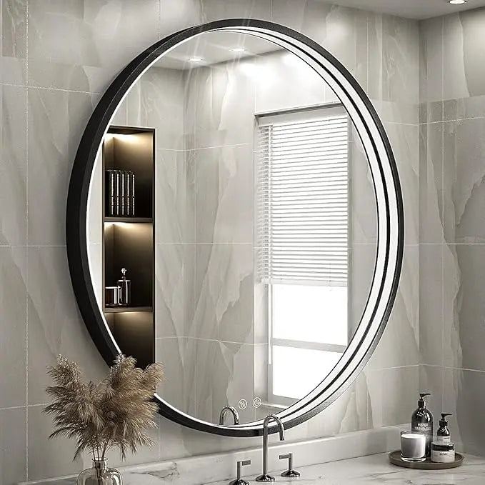 Round LED Mirror for Bathroom, Restroom and Vanity with Lights 3000K/4500K/6000K, Metal Framed Frontlighted Vanity Mirror Wall Mounted, Dimmable Makeup Mirror Touch Switch UL Listed CRI≥90