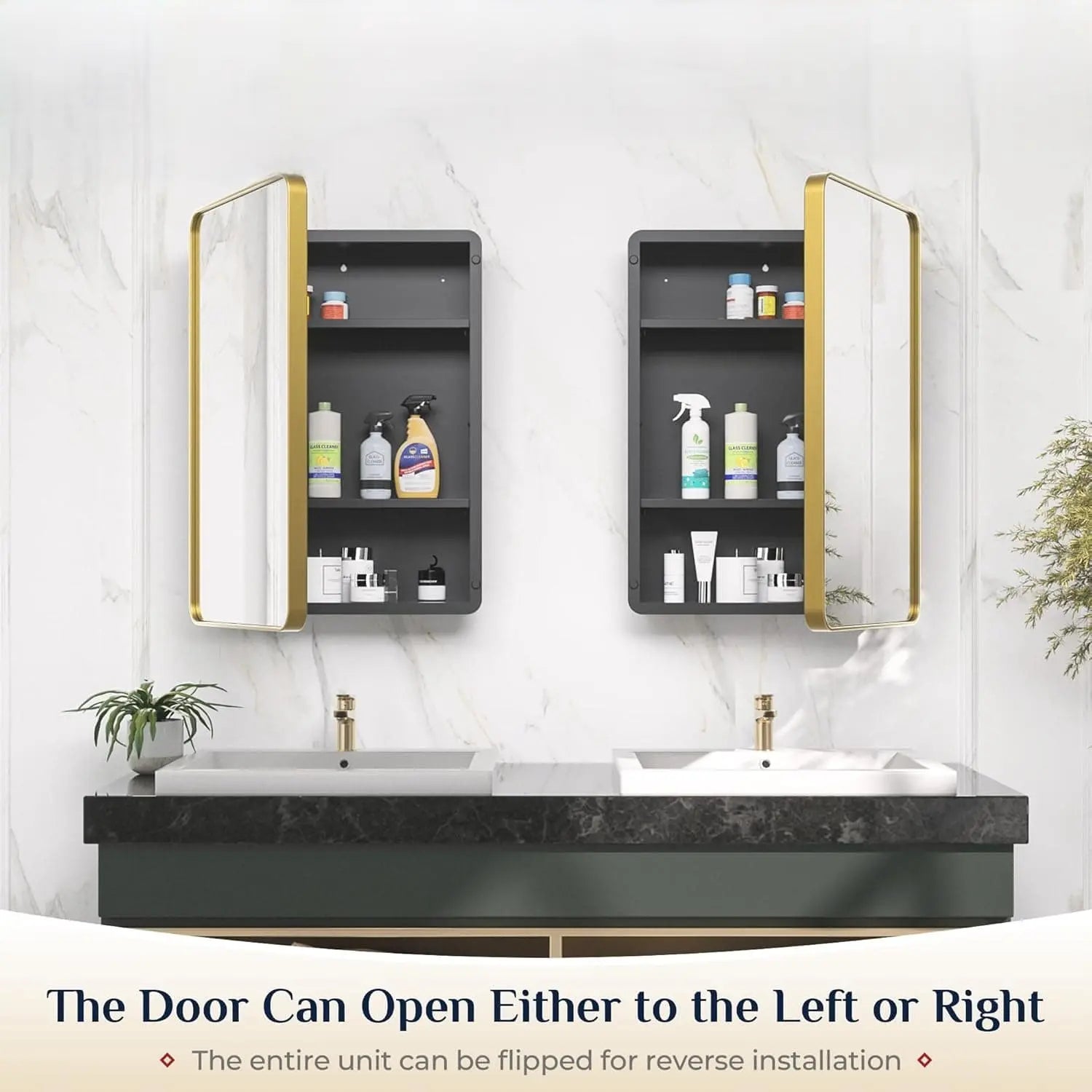 Bathroom Vanity Medicine Cabinet with Mirror – Brushed Brass Finish, Stainless Steel Frame, Rounded Rectangular Shape, Adjustable Shelves, Recessed or Surface Mount Installation