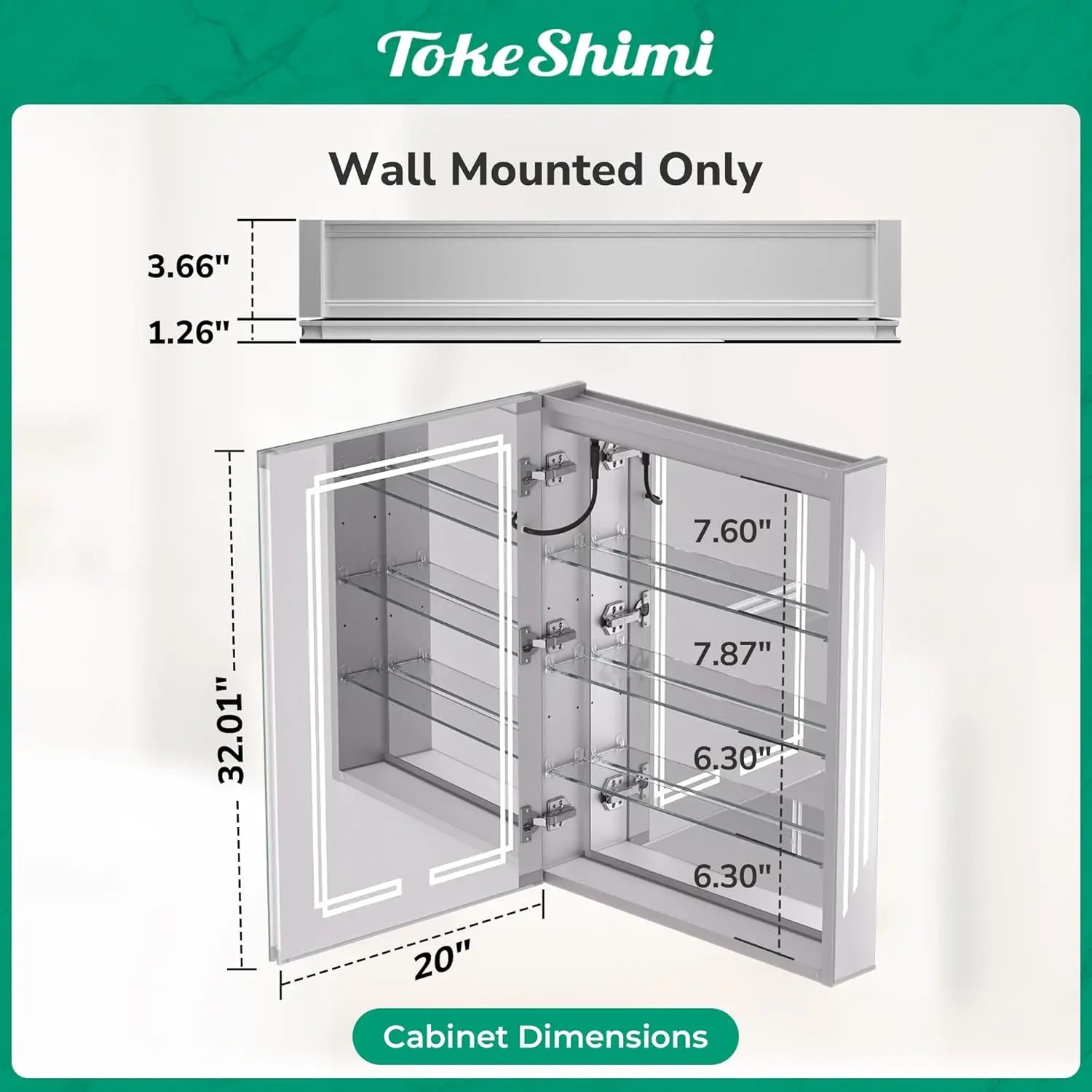 Medicine Cabinet Mirrored, Anti-Fog Tempered Bathroom Vanity LED Mirror with Storage 3 Color Stepless Dimming, CRI 80+, Memory Funtion, Surface Mount Medicine Cabinet with Light