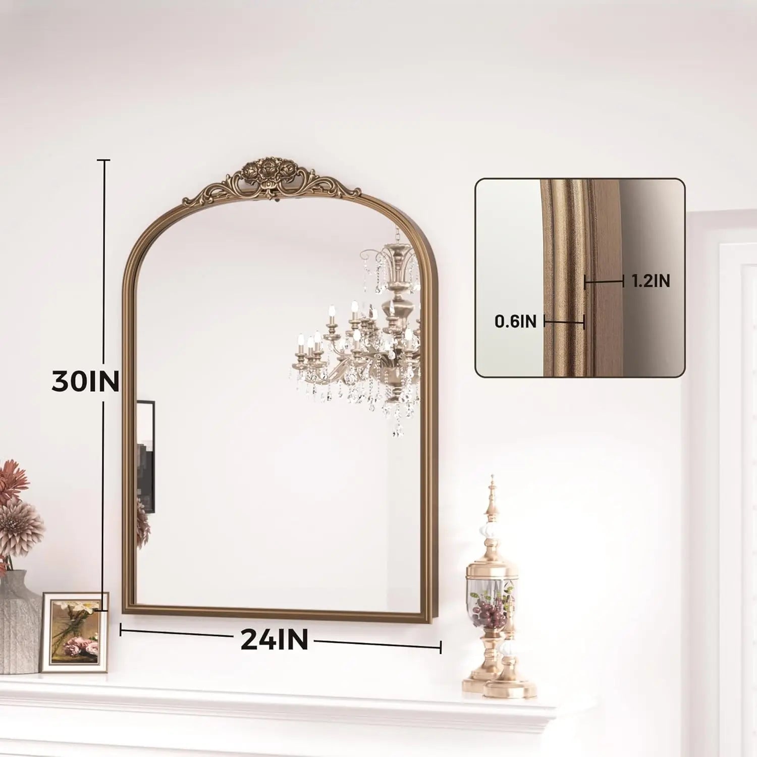 Vintage Arched Mirror – Ornate Baroque Decorative Wall Mirror for Bathroom, Mantle, Entryway, or Living Room, Antique Brass Finish with French Cleat Mounting for Easy Installation