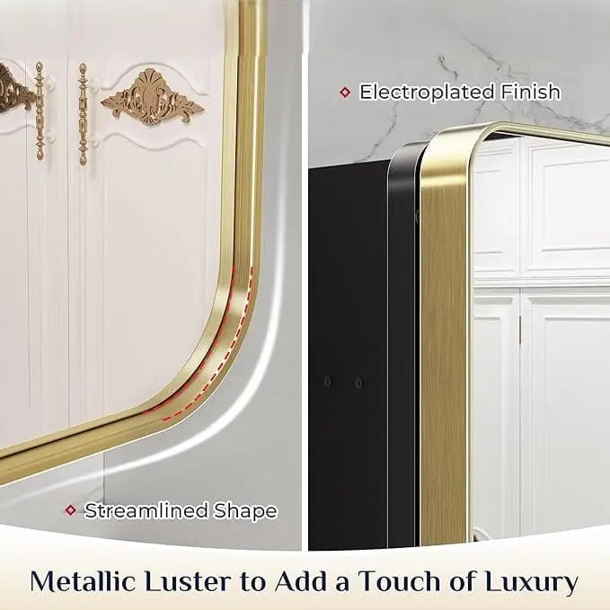 Bathroom Vanity Medicine Cabinet with Mirror – Brushed Brass Finish, Stainless Steel Frame, Rounded Rectangular Shape, Adjustable Shelves, Recessed or Surface Mount Installation