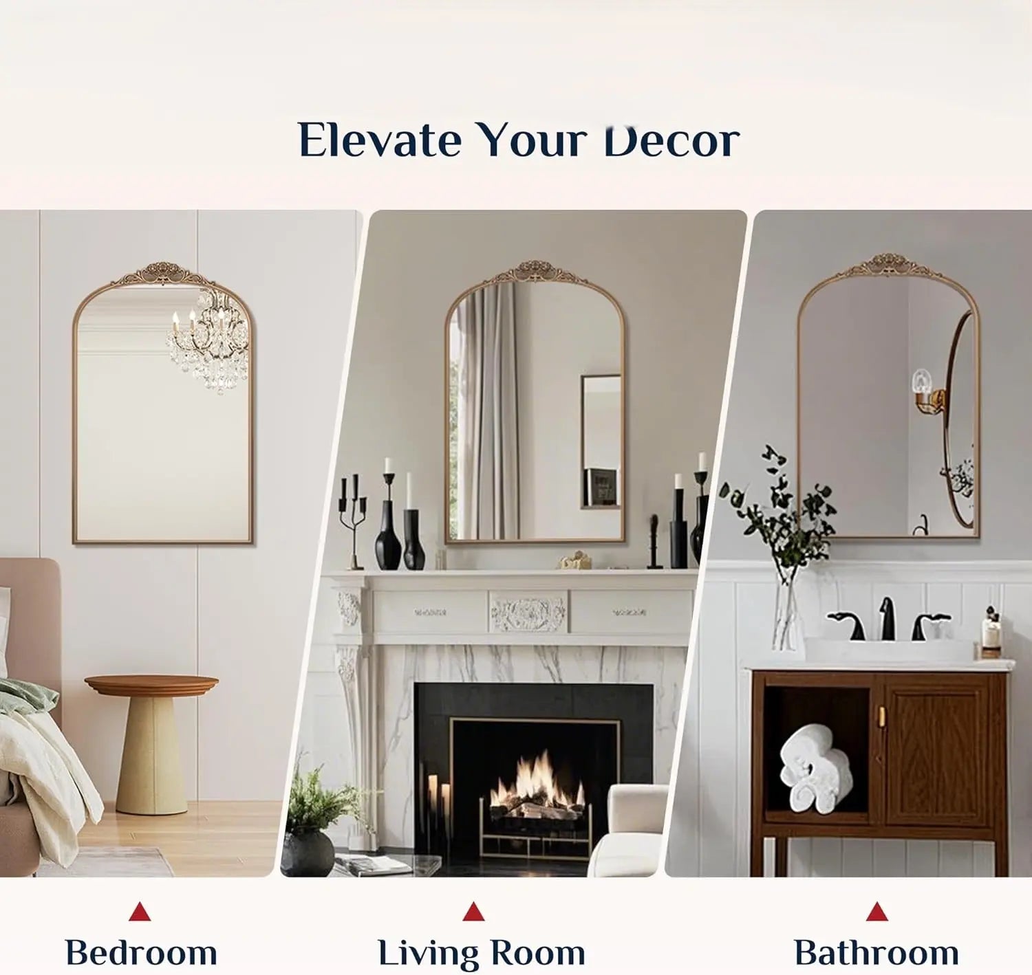 Vintage Arched Mirror – Ornate Baroque Decorative Wall Mirror for Bathroom, Mantle, Entryway, or Living Room, Antique Brass Finish with French Cleat Mounting for Easy Installation