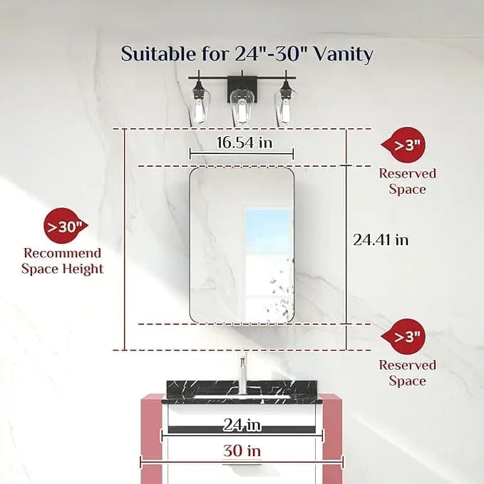 Bathroom Vanity Medicine Cabinet with Mirror – Brushed Brass Finish, Stainless Steel Frame, Rounded Rectangular Shape, Adjustable Shelves, Recessed or Surface Mount Installation