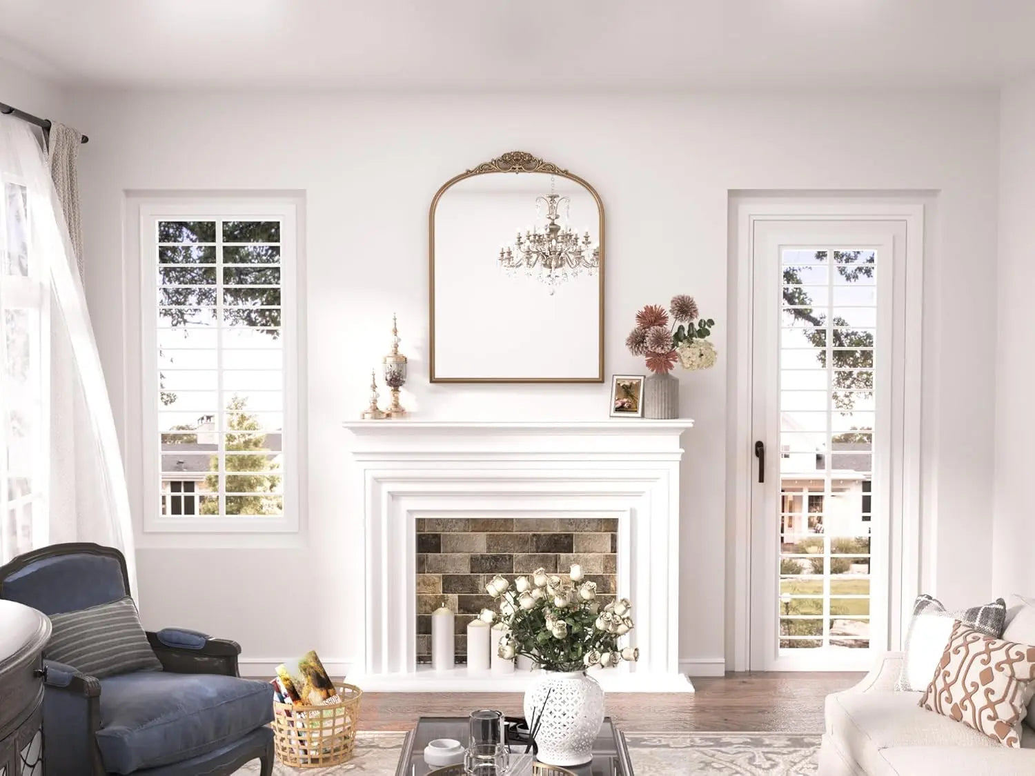 Vintage Arched Mirror – Ornate Baroque Decorative Wall Mirror for Bathroom, Mantle, Entryway, or Living Room, Antique Brass Finish with French Cleat Mounting for Easy Installation