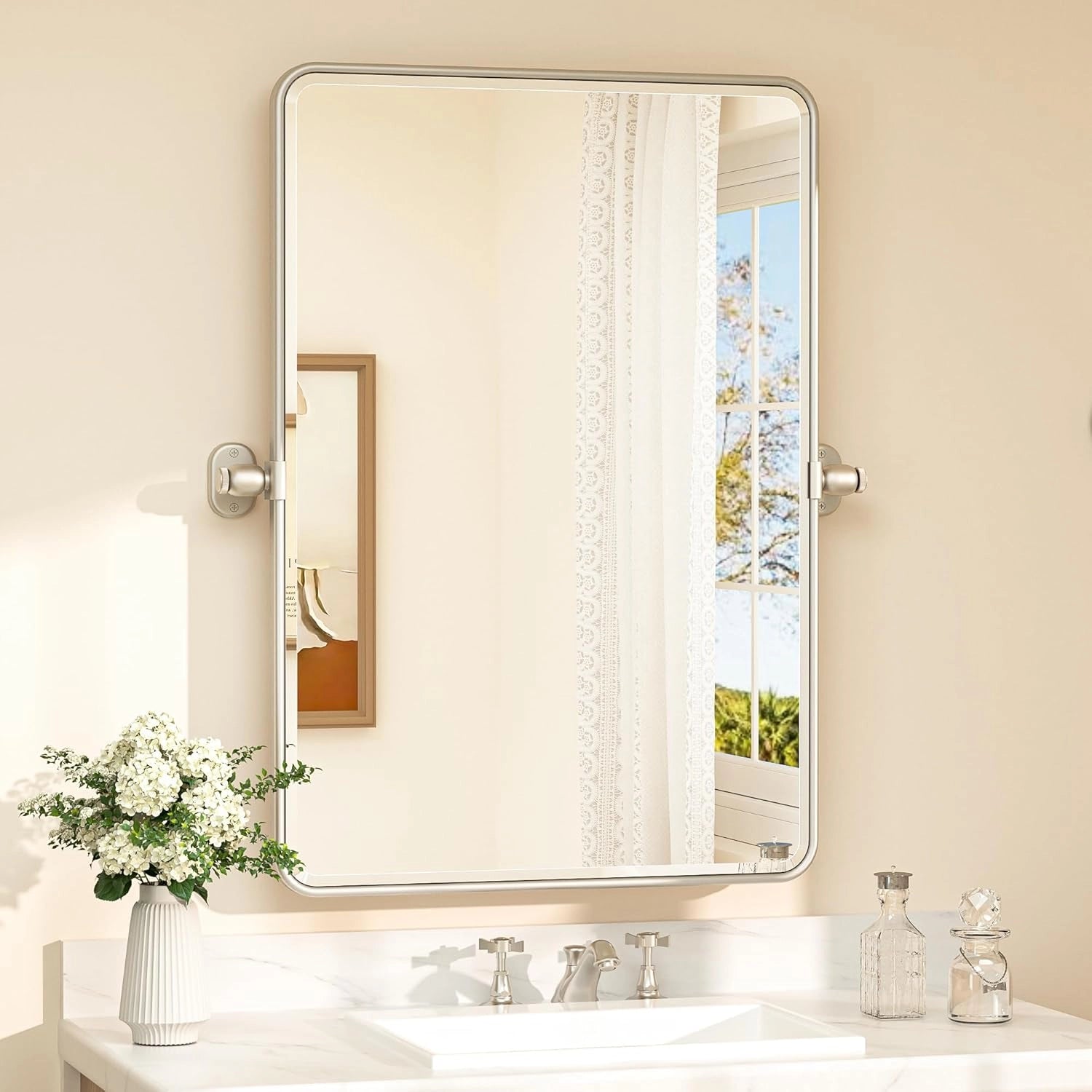 Pivot Rectangular Vanity Mirror – Metal Framed Wall Mirror with Beveled Edges and Rounded Corners, Modern Farmhouse Style, Adjustable Design, Horizontal or Vertical Mount