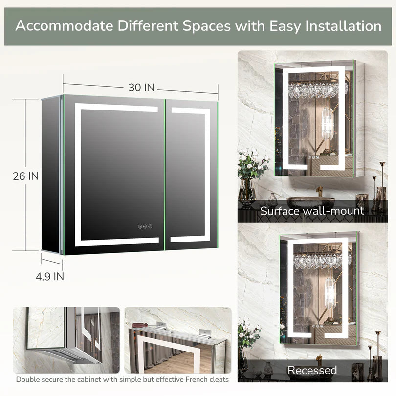 Recessed Medicine Cabinet with Lights 3 Colors Dimmable, Led Medicine Cabinet Mirror with Outlet and Defogger,2-Side Front Lit Bathroom Vanity,Restroom Mirror with Storage