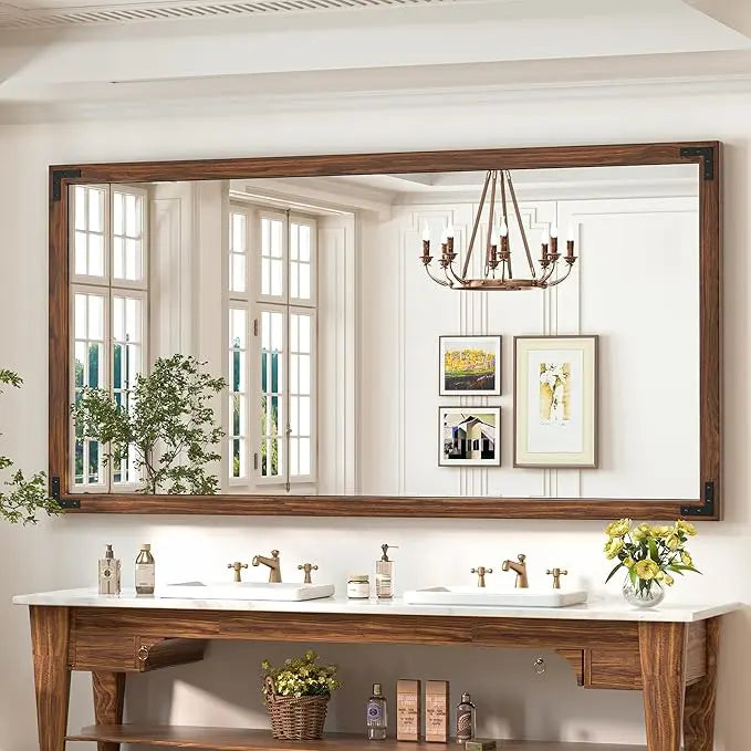 Wood Frame Bathroom Vanity Mirror for Wall – Rustic Farmhouse Style Vanity Mirror, Solid Wooden Frame for Over Sink Use, Mount Horizontally or Vertically – Modern Home Bathroom Decor